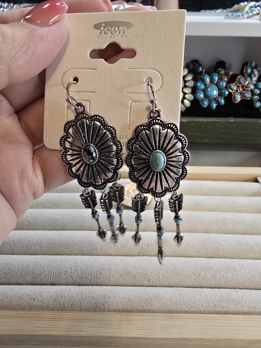 IC COLLECTION Faux Silver Floral Turquoise Drop Earrings